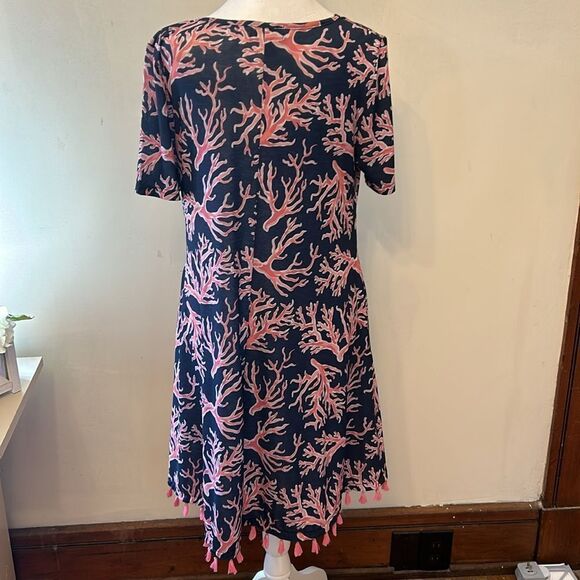 Simply Southern Naples navy pink short sleeve fringe dress Size S EUC - Picture 6 of 9